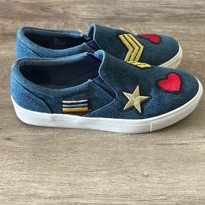 Mia Pepe denim slip on shoes with patches size 7
